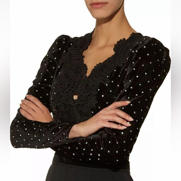 Self Portrait Guipure Black Jumpsuit Lace Trimmed Embellished Size 4 - Picture 12 of 17